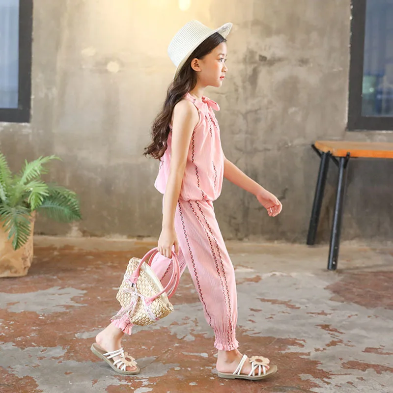 الفتيات مجموعة ملابس أزياء الصيف الاطفال قميص بدون أكمام + السراويل الفتيات الملابس مجموعات تتسابق 8 10 12 14 سنوات الأطفال الدعاوى