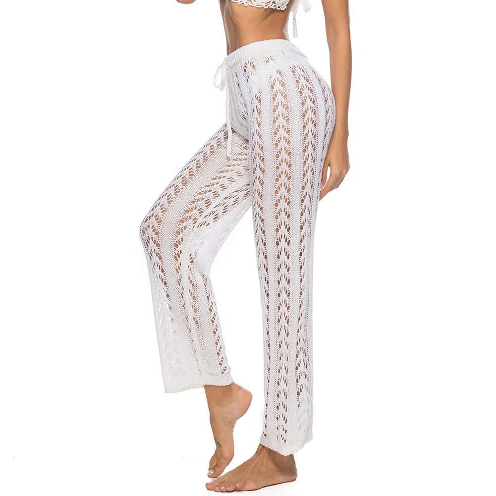 

Cover Up Hollow Out Solid Crochet Knitted Women Pants Beach Loose Fashion Sexy Summer Holiday Breathable Wide Leg Long