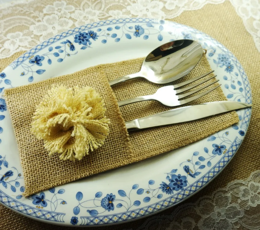 cutlery bag from linen 11*22cm cutlery holder with flowerin Mats
