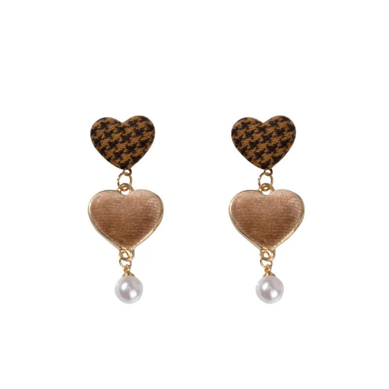 

2018 New Korean Earriings Winter Velvet double heart with pearl Dangle Earrings boucle d'oreille Earrings For Women Pendientes