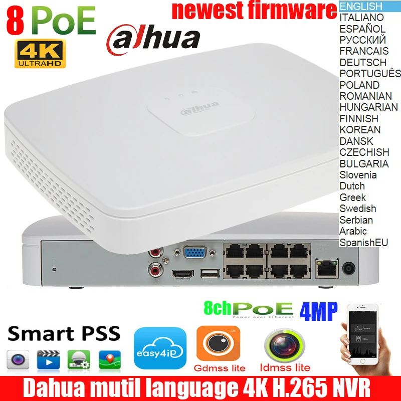 Английский NVR4108-8P-4kS2 8-канальный NVR 8MP Smart 1U 8PoE 4K& H.265 Lite сетевой видеорегистратор Full HD 1080P рекордер с 1SATA