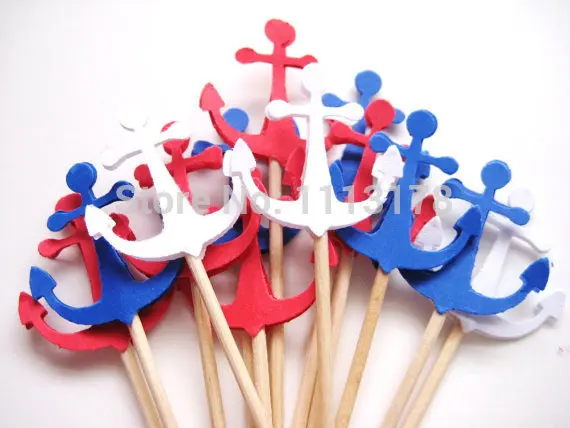 Недорогие красные белые синие медиаторы с якорем топперы для кексов зубочистки