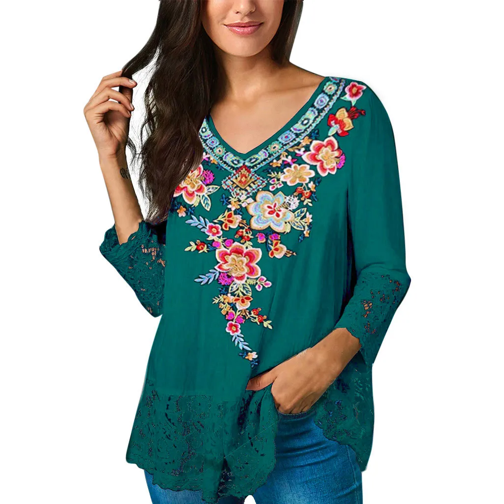 Light green Chemisier femme, женская блузка, женский топ с v-образным вырезом и принтом, кружевная рубашка, Повседневная Блузка, топы bluzki damskie - Цвет: Light green