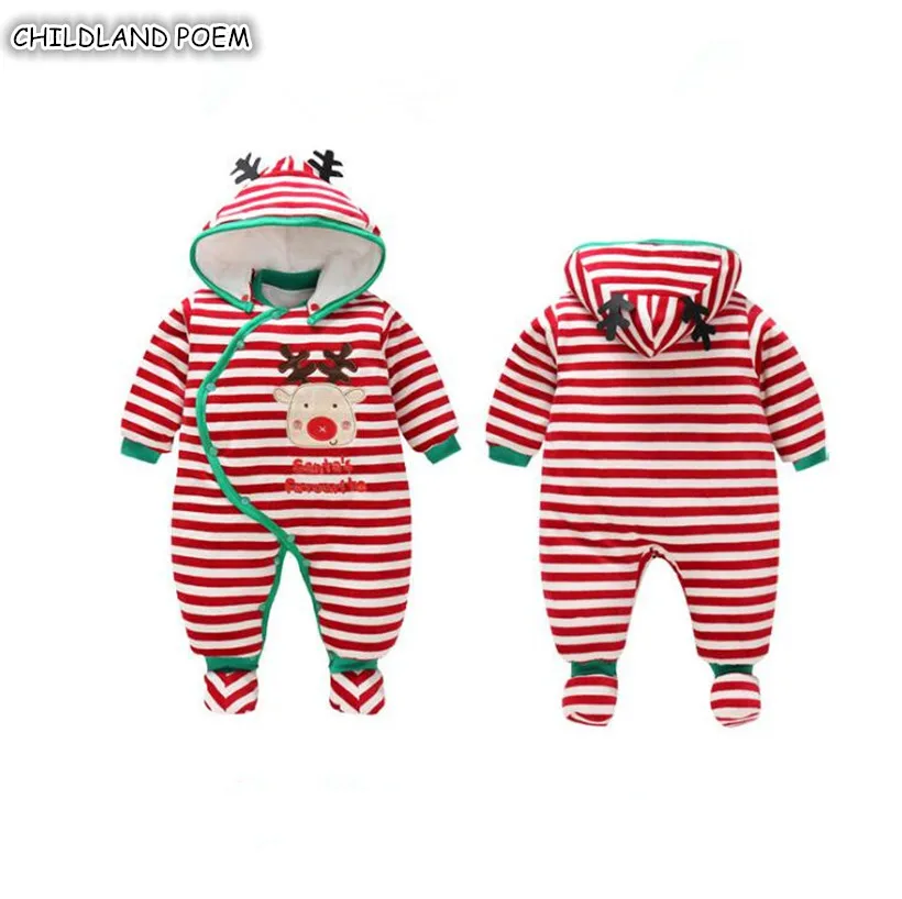 

Christmas Baby Clothes Winter Hooded New Born Boy Baby Rompers Cotton Stripe Deer Thick Newborn Baby Girl Romper Baby Jumpsuit
