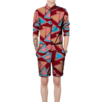 

African Print Men Set Dashiki Fashion Tops With Shorts 2 Pieces Stand Collar Shirt+Short Casual Half Sleeve Shirts