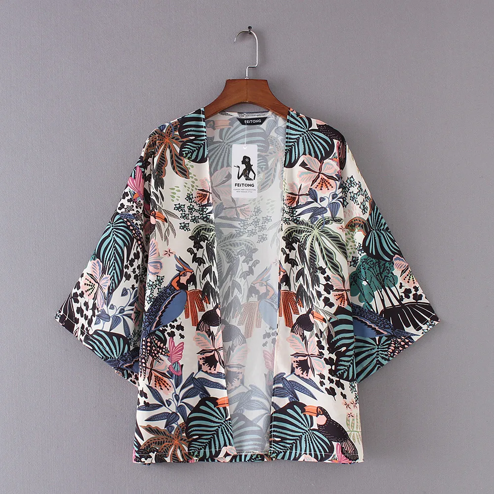 Пляжный шифоновый кардиган-кимоно, накидка, Солнцезащитная рубашка, модная женская блузка, рубашка, женская рубашка с коротким рукавом и цветочным принтом