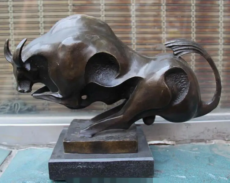 

S2574 14" Chinese Western Bronze Marble Strong abstract Bullfight Bull Oxen Art Statue