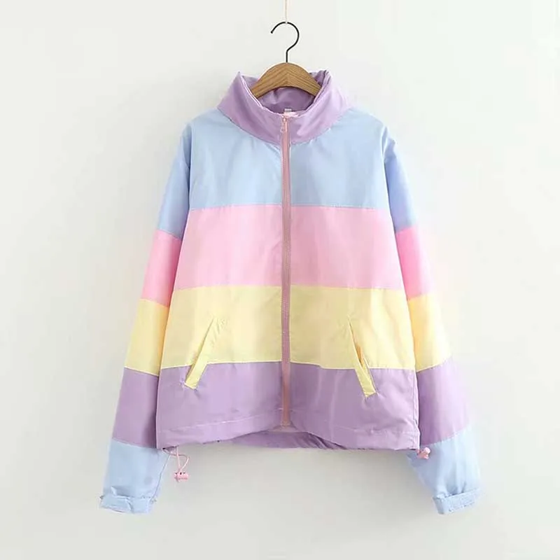 

New Summer Women Jacket crop top Harajuku kawaii candy cute rainbow jacket matching color short jackets Hooded coat female