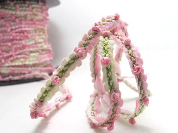 2 ярдов Тканые Rococo лентой отделка с вышивкой розовые бутоны цветов розы |