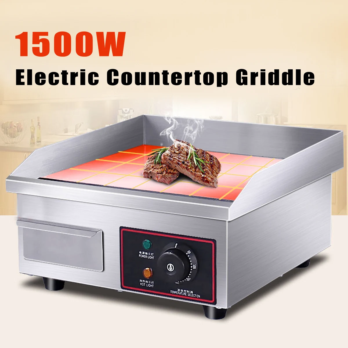 

1500W 220V Electric Heating Griddle Stainless Steel Electric Countertop Griddle Flat Top Commercial Restaurant Grill BBQ