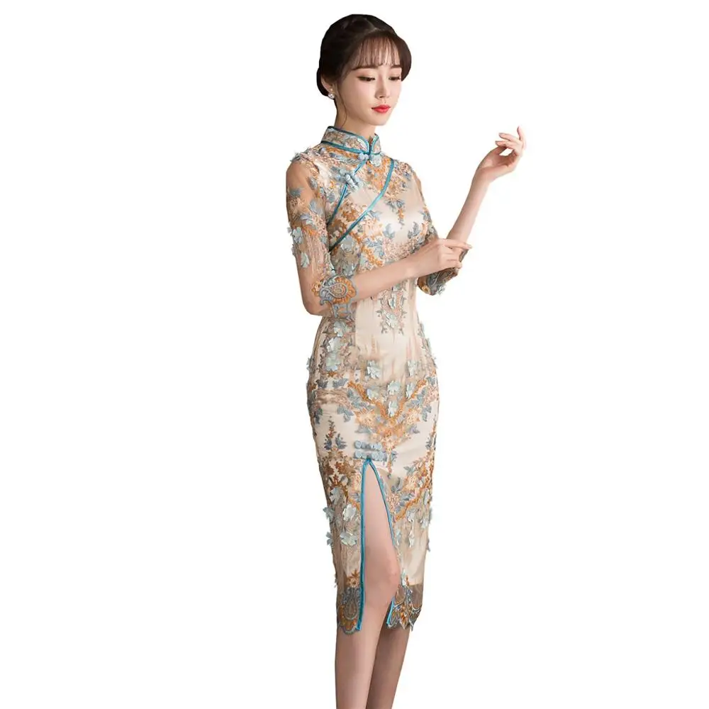 Shanghai история высокое Разделение рыбий хвост длинное платье Qipao Cheongsam шнурок китайский Oriental платье Русалка китайский Для женщин платья - Цвет: As picture