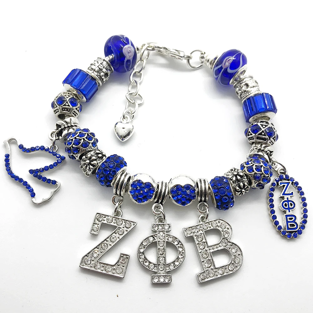 Изящные стразы, инкрустированная кристаллами греческая буква society zeta Phi Beta, бусины с большими отверстиями, браслет