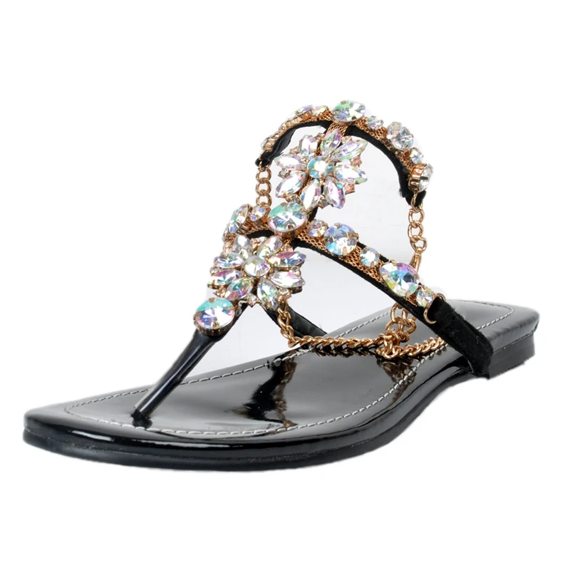 Black Flat Heel Women Sandals Flip Flop Crystals Rubber Sole Ankle
