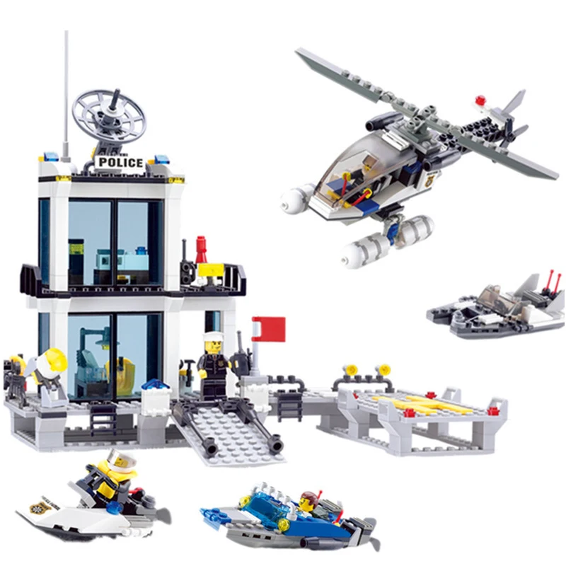 

City Police Station Building Blocks Sets Helicopter Ship Model SWAT Creator MOC Figure Bricks Toys for Children Gifts