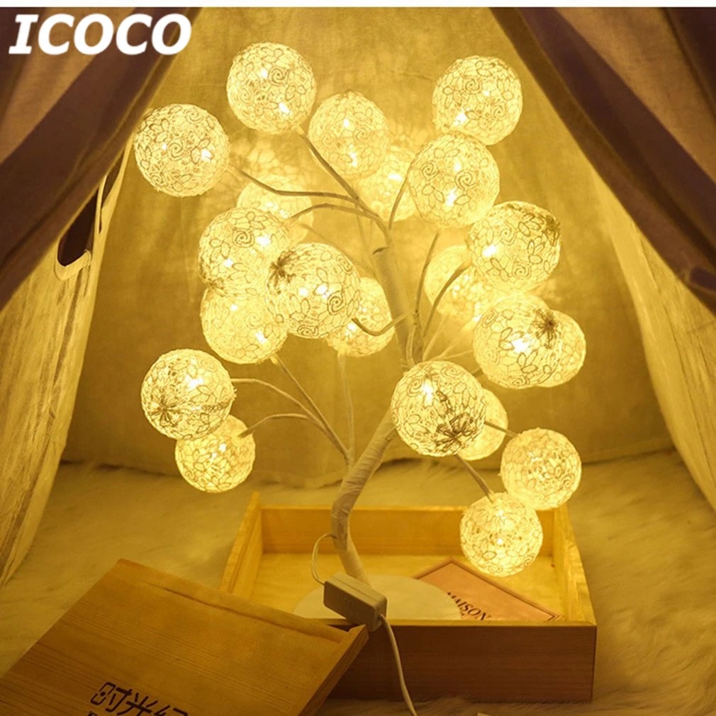 

ICOCO 24 LEDs 45cm Romantic Cotton Ball Tree Table Light Desk Lamp for Birthday Christmas Holiday Wedding Party Decor Drop Ship
