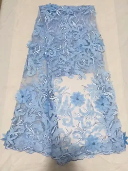 

2018 Sky Blue Applique Beads African Tulle French Lace Fabric For Women Dress High Class Embroidered Nigeria Lace Fabric