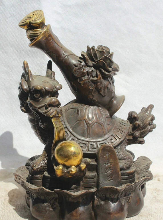 

S2048 9" Chinese Bronze Gild Feng Shui Ru Yi blossom Dragon tortoise Turtle Statue D0318