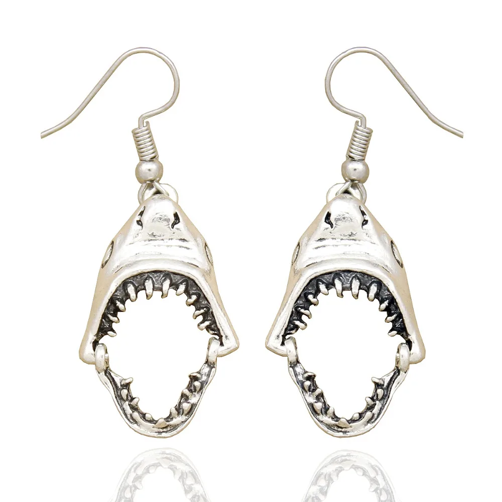 

Vintage Silver Shark Tooth Jaws Skull Hell Demon Mouth Drop Dangle Earrings Fancy Dress Women Oorbellen Jewelry Orecchini