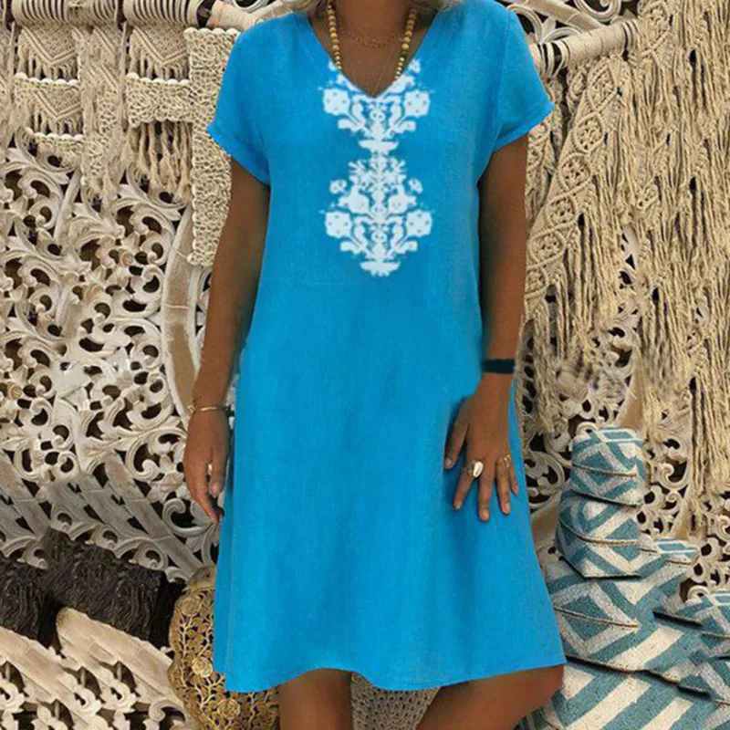 

Leisure Dresses Summer Women's Sexy Retro Short Sleeve Print V-neck Dress Knee Length Tropical Home Dresses