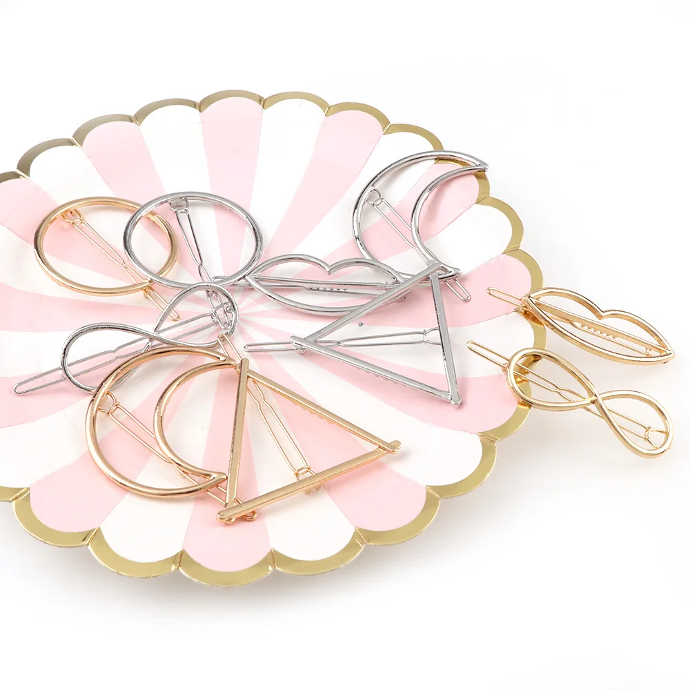 

10 Style Women Girls Gold/Silver Plated Metal Simple Design Triangle Circle Moon Lips Hair Clips Metal Circle Hair Accessories