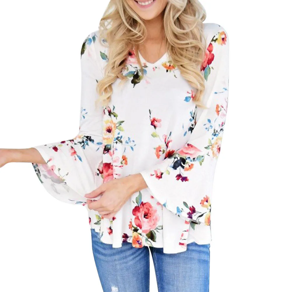Блузка с цветочным принтом Расклешенным рукавом и v образным вырезом C1240|floral