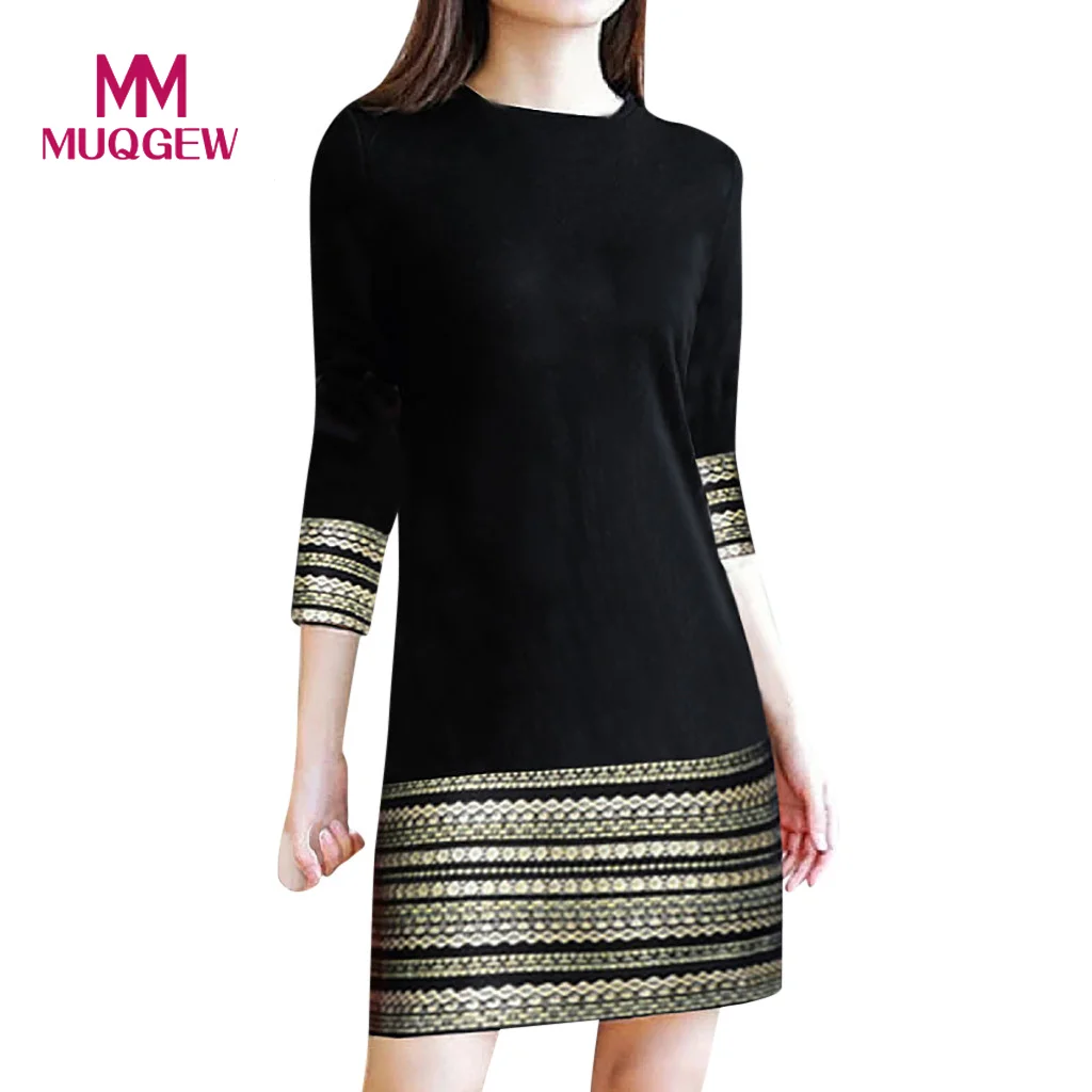 

Women Vintage Off Shoudle Elegant Splice Casual Dress