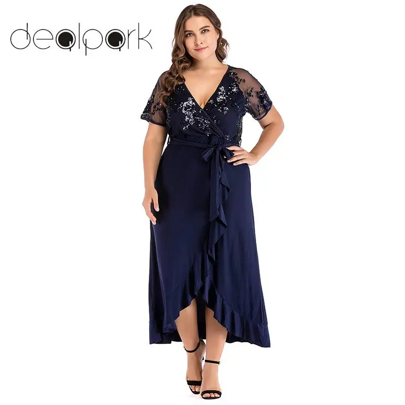 

2019 Autumn Long Gowns Women Plus Size Dress Sequined Sheer Mesh V Neck Short Sleeve Ruffled Irregular Midi Party Dresses female