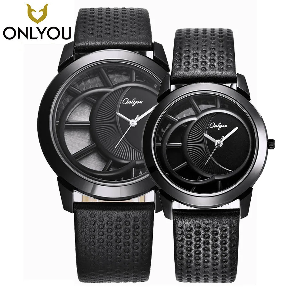 

ONLYOU Fashion Quartz Watch Moon Phase Unique Design Black Case Water Resistant Life Watch Charm Lovers Genuine Leather Clock