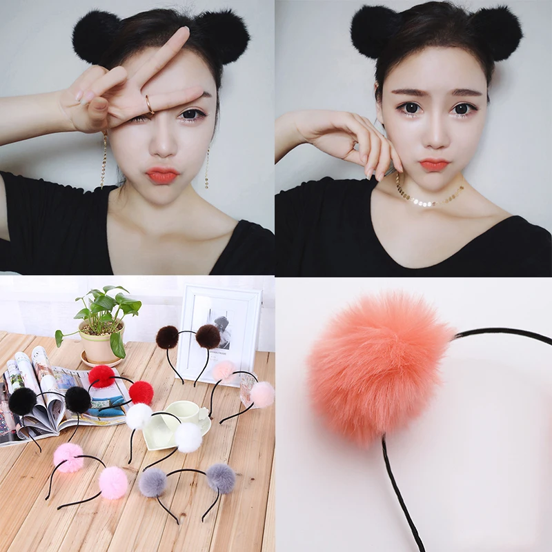 

Fashion 1PC Hot High Quality Cute Women Furry Ears Fluffy Rabbit Fur Ball Headband Hair band Rabbit Plush Korean Version