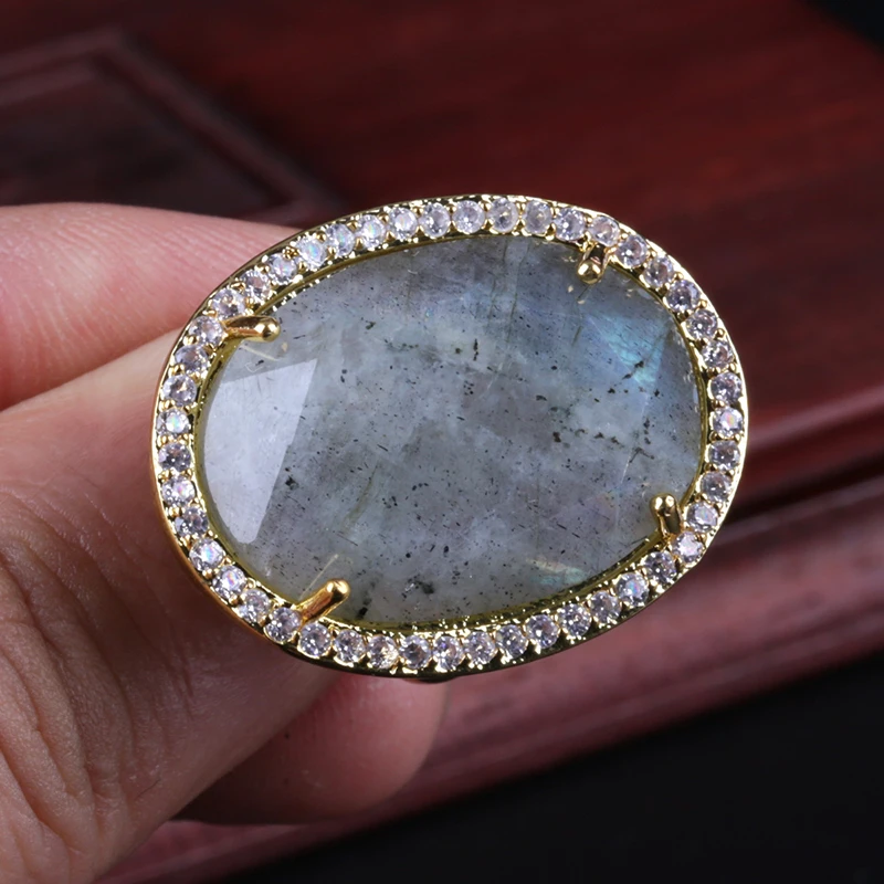 Овальный Ограненный тусклый серый лунный камень лабардорит камень шарик Шарм проложить белый cz обод цикл открытый палец кольцо манжеты для женщин
