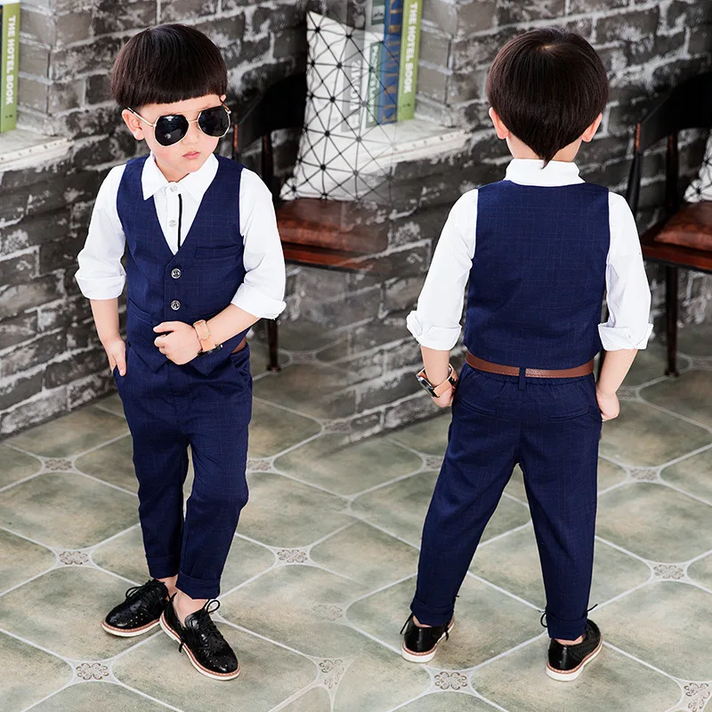 Kids Boys 3 Piece Set Clothing Suit Deep Blue Plaid Vest And Pants