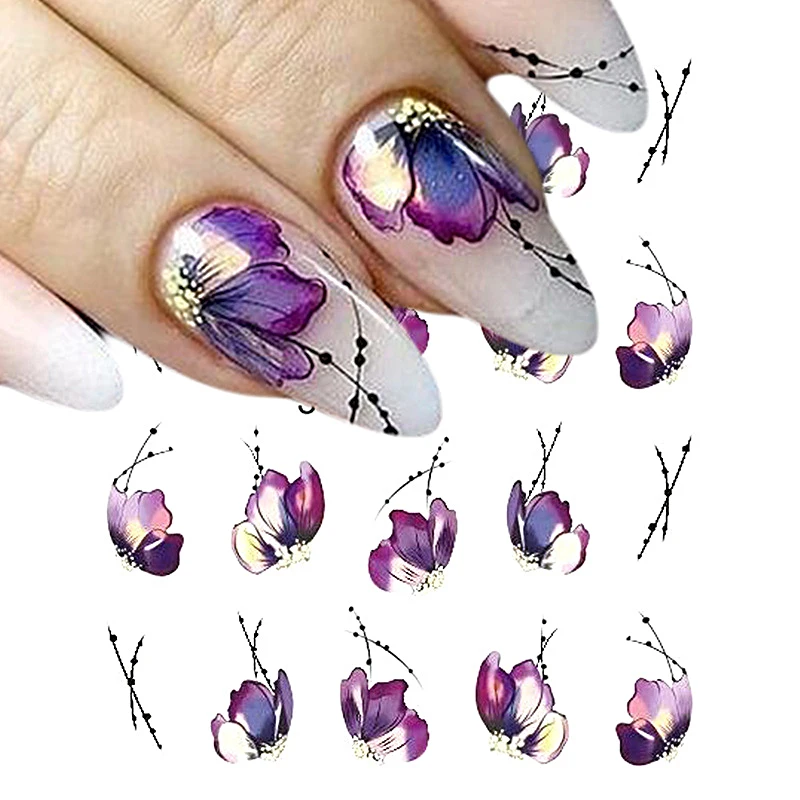

Nail Water Decals Purple Flower Butterfly Beauty Patterns Design Nail Art Transfer Decals Paper for Nail Art DIY Decoration