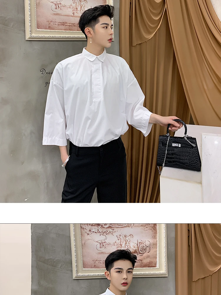 Мужской модный Свободный Повседневный пуловер с коротким рукавом, мужские рубашки в японском стиле Харадзюку, уличная одежда в стиле хип-хоп, черно-белые вечерние рубашки