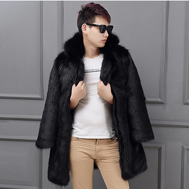 Черные/белые мужские Длинные куртки с искусственным мехом большой размер Зимний теплый искуственный мех верхняя одежда с отложным воротником толстые меховые пальто D378 - Цвет: Black