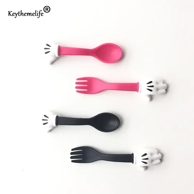 

Tableware 2pcs/set Cute Mickey Mouse Spoon Fork Claw Teapoon Plastic PP Kids Dinnerware Sets @