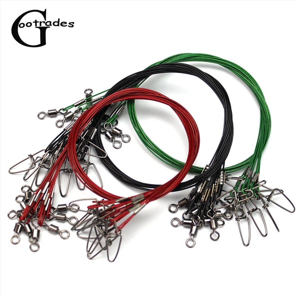 

10Pcs 50cm Fishing Line Steel Wire Leader With Swivel Fishing Accessory Red/Black/Green Lead Core Leash Fishing Accessories
