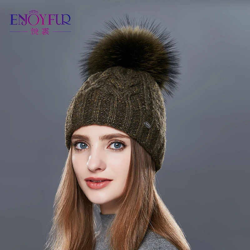

ENJOYFUR Thick Warm Double Layer Women Winter Hats Fashion Coarse Twist-Type Knitted Hat Female Fur Pompom Cap Cashmere Beanies