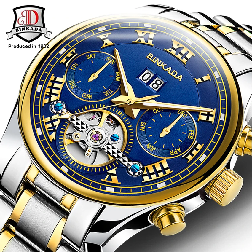 

Top Brand BINKADA Multifunction Tourbillon Automatic Mechanical Watch Luxury Brand Mens Watch 5 Hands Date Reloj Hombre