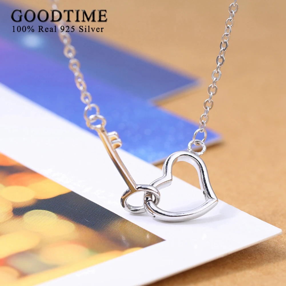 Classic Simple Style Sterling Silver Jewelry Pure 925 Silver Heart & Key Necklace Fashion Link