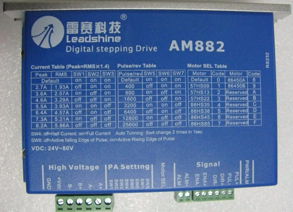 

Leadshine 2 phase High precision stepper drive AM882 fit NEMA 23-34 mode motor work 36-80VDC out 1.0A-8.2A