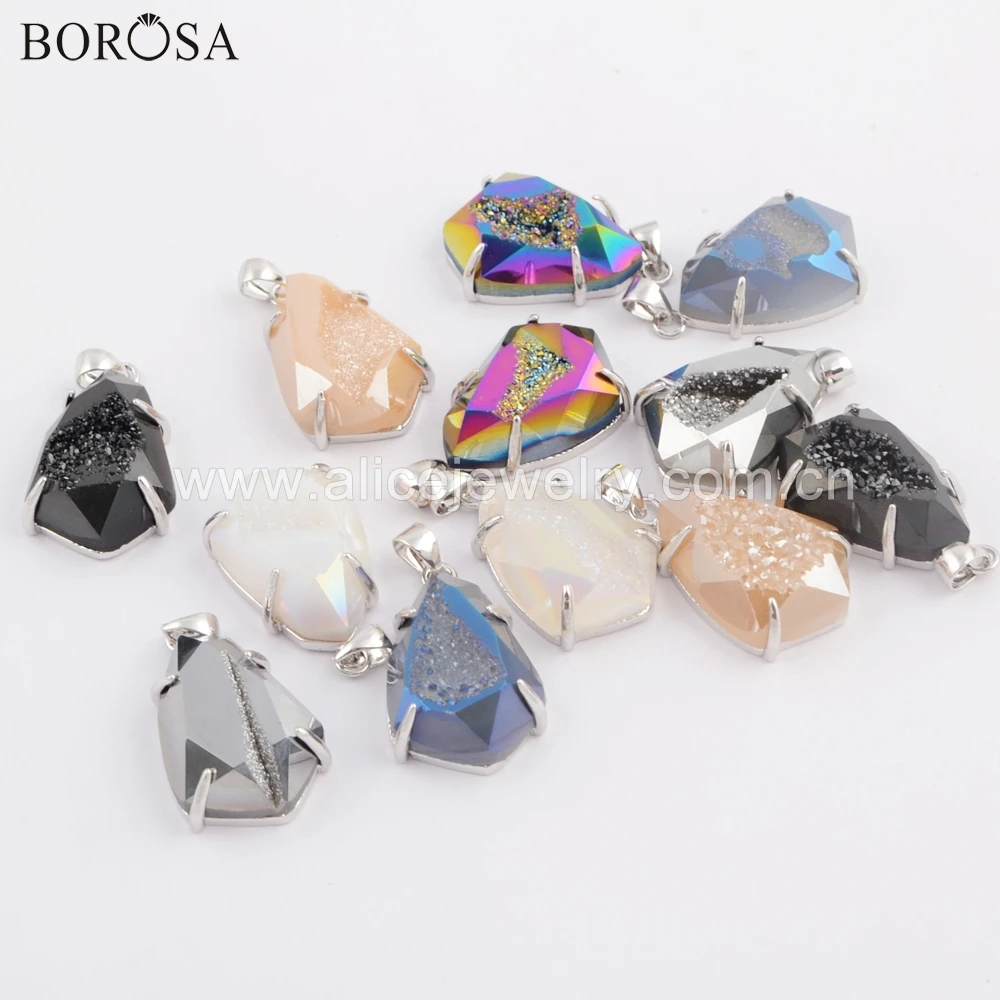 

BOROSA 5/10PCS New Collection Silver Bezel Shield Rainbow Titanium Agates Druzy Faceted Claw Pendant for Necklace Jewelry ZS0334
