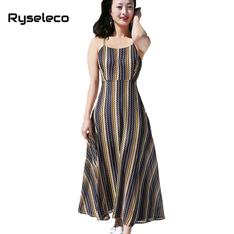

Ryseleco Houndstooth Print Boho Beach Backless Long Chiffon Dress Spaghetti Strap Women Holiday Big Swing Maxi Tank Slip Dresses