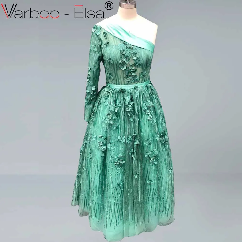 VARBOO_ELSA A Line одно плечо зеленый Дубай Арабский вечер платье Длинные Выпускные платья Формальное вечернее платье Robe De Soiree - Цвет: Зеленый