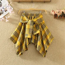 Винтажная Асимметричная клетчатая печать тонкий узел Весна Лето Мини Короткая юбка Женская высокая талия Повседневная Студенческая галстук нерегулярная Falda