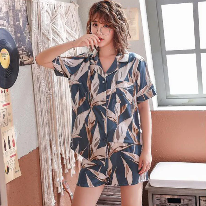 

KISBINI Summer Women Ice Silk Pajamas Set Leaf Printed Imitation Silk Sleepwear Short Sleeve Female Nightwear Women Homewear