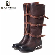 Prova Perfetto/женские сапоги до колена из натуральной кожи с ремешком и пряжкой; модные высокие сапоги с квадратным носком; удобные рыцарские сапоги на плоской подошве