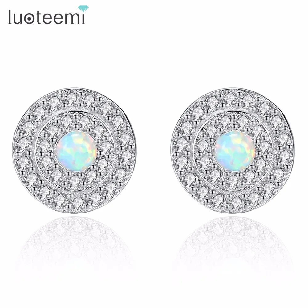 

LUOTEEMI 925 Sterling Silver Fire Opal Halo Stud Earrings for Women Tiny CZ Paved Round Silver Earring