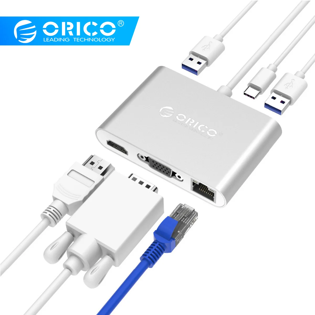 

ORICO USB3.1 Type-C HUB Splitter to HDMI RJ45 VGA USB3.0 Type-A Adapter Dock Support 60W PD Charging for MacBook Pro USB C HUB