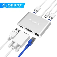 ORICO USB3.1 Type-C HUB Splitter to HDMI RJ45 VGA USB3.0 Type-A Adapter Dock Support 60W PD Charging for MacBook Pro USB C HUB orico aluminum hub type c to type a type c hdmi converter support pd multi function laptop station for macbook pc