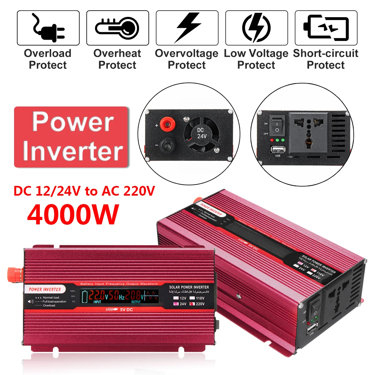

Voltage Transformer 12/24V To AC 220/110V Car Power Inverter PEAK 4000W USB Modified Sine Wave Converter Protection Aluminum Red